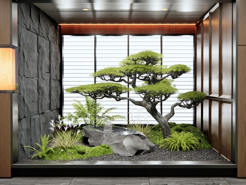  新中式室內景觀 植物造景 水缽水景 苔蘚 松樹 羅漢松3d模型 