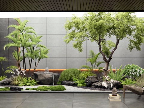  現(xiàn)代室內景觀造景 天井庭院小品 石頭 苔蘚 植物造景 水缽3d模型 