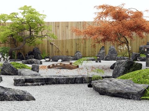  日式枯山水庭院 景觀石頭 紅楓 景觀樹(shù) 羽毛楓 水缽 石塊3d模型 