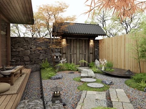  日式庭院景觀 青石板 汀步 苔蘚景觀 庭院大門 景觀樹3d模型 