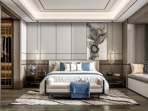 新中式卧室 主卧 双人床 卧室飘窗 衣帽间 床尾凳su模型