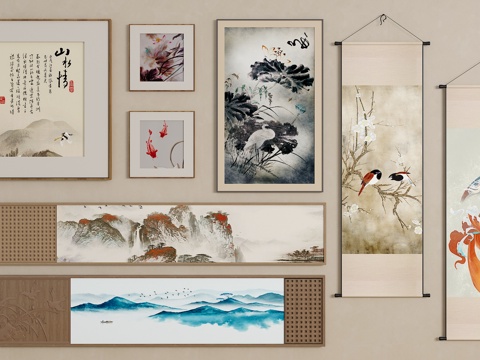  新中式挂画 宋氏中古风挂画 长条挂画 横向挂画 挂画组合3d模型 