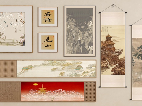 新中式挂画 宋氏中古风挂画 长条挂画 横向挂画 挂画组合3d模型 