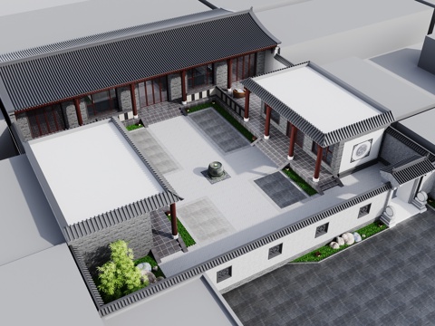  中式四合院植物庭院別墅中式雕花瓦片水缸3d模型 