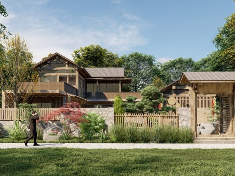  新中式乡村庭院  民宿庭院景观 农家乐 农家餐厅su模型 