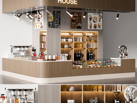  现代咖啡店 咖啡水吧台 蛋糕店 橱窗 咖啡机3d模型 