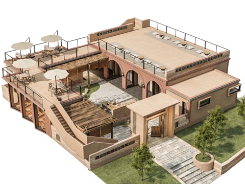  新中式现代民宿建筑 窑洞民宿建筑 陕北窑洞民宿酒店 美丽乡村su模型 