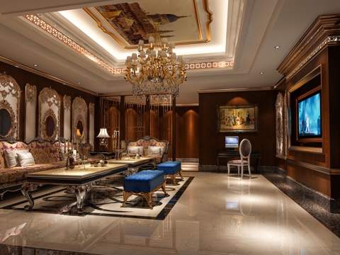  欧式古典KTV 包厢 沙发 茶几 油画 点歌台  包厢 会所3d模型 