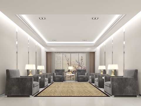  现代简约中式会议室3d模型 