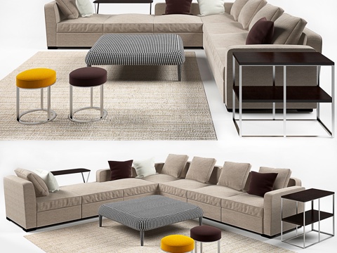  现代休闲沙发 转角沙发 布艺沙发  沙发茶几组合su模型 