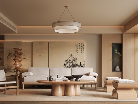  宋氏中古風(fēng)客廳 沙發(fā)茶幾組合 綠植 飾品擺件 臺(tái)燈 吊燈 背3d模型 