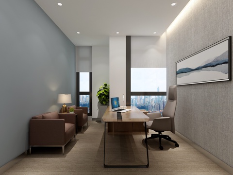  现代主管办公室 电脑桌 沙发 台灯 电脑3d模型 