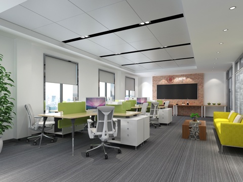  现代开场办公室书柜 办公桌 会议桌 植物 沙发3d模型 