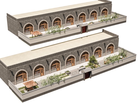  窑洞民宿建筑 陕北窑洞民宿酒店 美丽乡村山洞窑洞 农村农名住su模型 