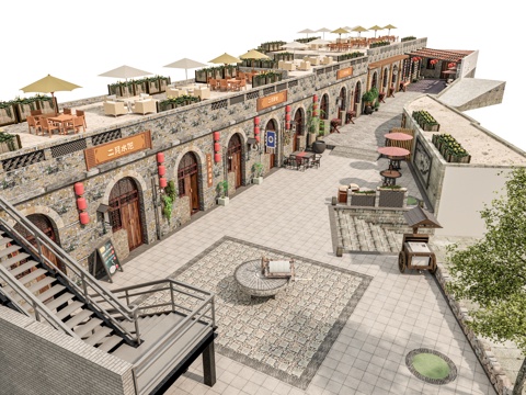  新中式现代民宿建筑 窑洞民宿建筑 陕北窑洞民宿酒店 美丽乡村su模型 