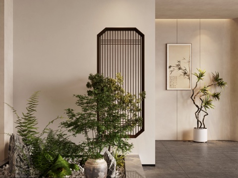  新中式玄關(guān) 玄關(guān)背景 花池 造景 植物墻 景觀植物 植物組合3d模型 