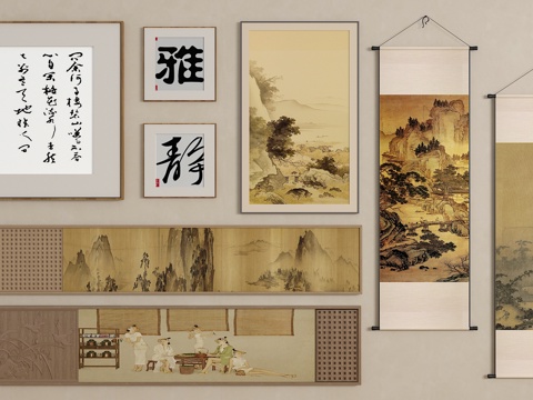  新中式挂画 宋氏中古风挂画 长条挂画 横向挂画 挂画组合3d模型 