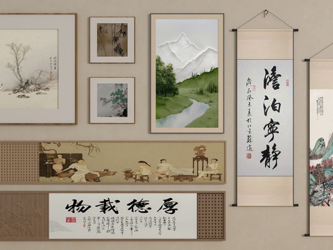  新中式挂画 宋氏中古风挂画 长条挂画 横向挂画 挂画组合3d模型 