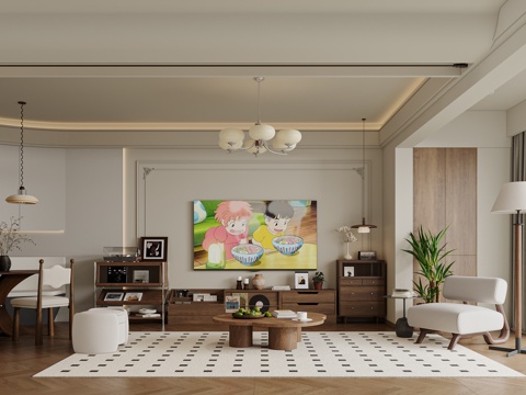  中古風(fēng)原木客廳電視背景卡座餐桌椅3d模型 