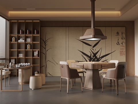  新中式棋牌室 麻將桌 小茶臺(tái)3d模型 