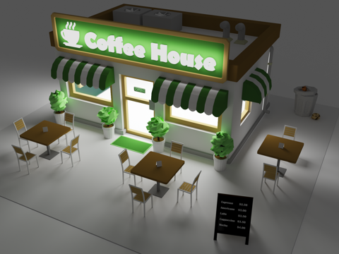  卡通咖啡馆  咖啡屋 咖啡馆小场景 Low Poly3d模型 