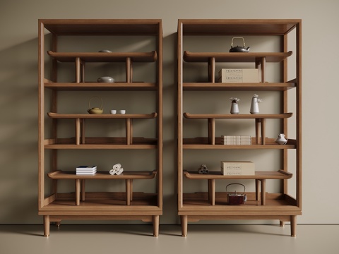  新中式木质茶柜展示架3d模型下载 禅意茶具收纳柜 中古风博古架储物柜 