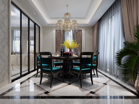  新古典餐厅 吊灯 餐桌椅3d模型 