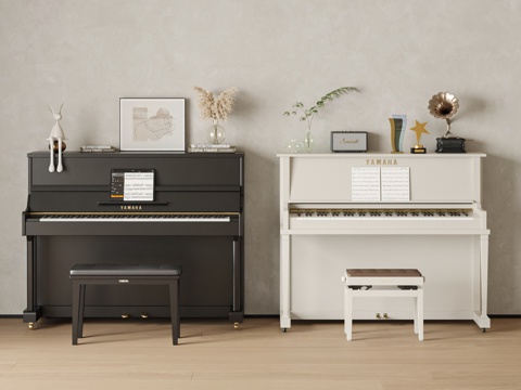  YAMAHA现代钢琴组合 摆件组合 留声机 音响3d模型 