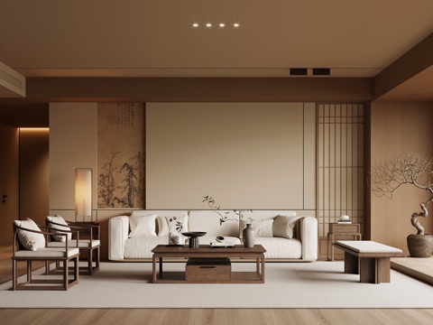  宋式風(fēng)客廳 沙發(fā)背景墻 沙發(fā)茶幾組合3d模型 