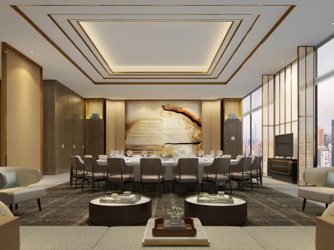  新中式酒店餐廳包廂3d模型 