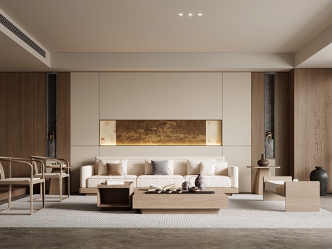  宋式風(fēng)客廳 沙發(fā)茶幾組合 沙發(fā)背景墻 干枝盆景3d模型 