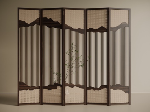  中古 新中式 屏风 木屏风 藤编屏风 可折叠屏风 隔断3d模型 