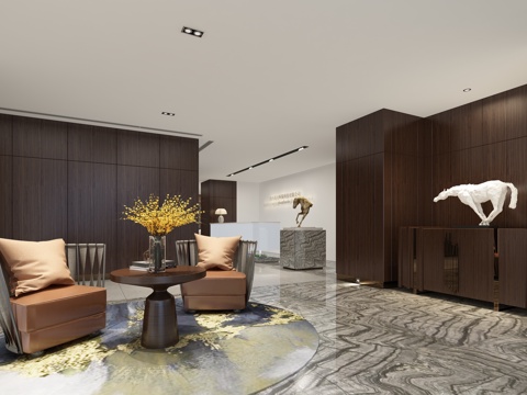  现代前台接待 接待区 前台 植物 马 雕塑 楼梯 景观 水池3d模型 