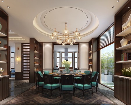  新中式别墅餐厅 餐桌椅 吊灯3d模型 