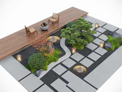  新中式庭院景觀 景觀小品 戶外休閑椅 枯山水 苔蘚景觀3d模型 