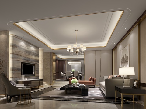  現(xiàn)代客餐廳 掛畫(huà) 沙發(fā) 茶幾 吊燈 邊柜 電視柜3d模型 