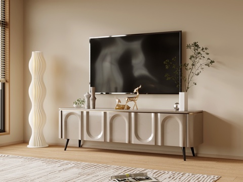  16電視柜 現(xiàn)代奶油風(fēng)電視柜 落地?zé)?裝飾擺件3d模型 