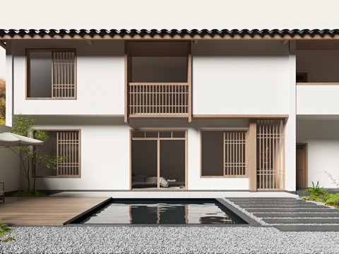  新中式民宿建筑 民宿庭院 庭院景觀3d模型 