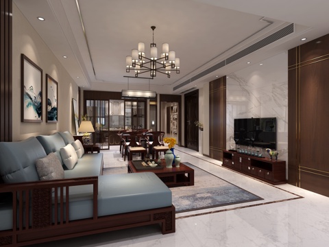  中式客餐廳 吊燈 電視柜 壁畫(huà)3d模型 