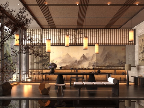  新中式茶館 茶餐廳 別墅茶室 茶館 民宿 茶桌椅 茶室柜3d模型 