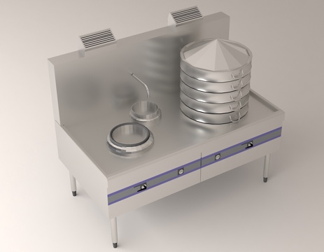  不锈钢烹饪台 蒸屉炉灶组合 专业烹饪设备 食堂炉灶系统3d模型 