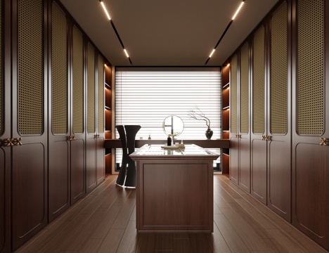  中古风衣帽间 岛台衣帽间 衣柜 梳妆台su模型 