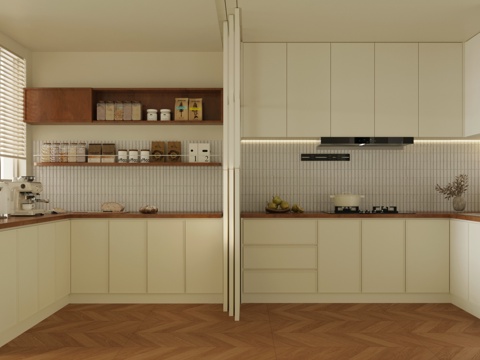  复古中古开放式厨房 复古奶油风厨房 厨房用品组合 中古风厨房su模型 