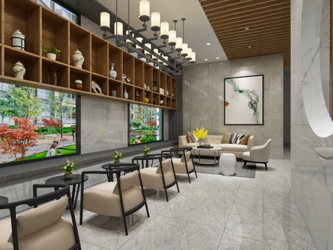  新中式办公休息区 阅览室 前厅 茶水间3d模型 