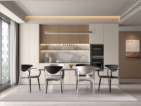  現(xiàn)代餐廳 餐桌椅 酒柜 吊燈3d模型 