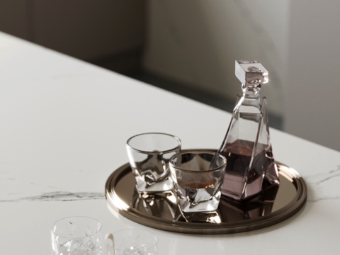  現(xiàn)代酒水 托盤 酒瓶酒杯3d模型 