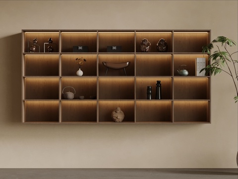  现代极简新中式茶柜壁柜吊柜3d模型下载 嵌入式木质展示架带柔光照明 家居艺术装饰空间 