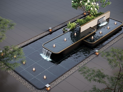  现代水景观 庭院水景 水钵叠水 跌水3d模型 