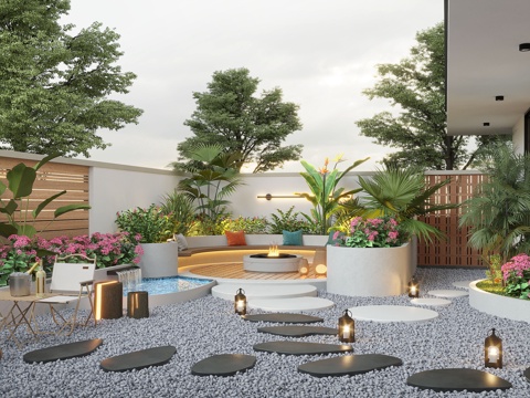  现代庭院景观 别墅庭院 庭院水景 景观造景 景观小品3d模型 