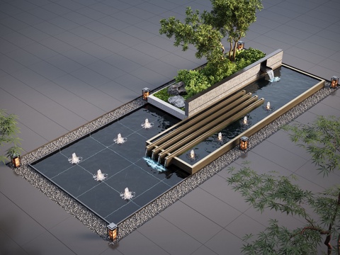  现代水景观 庭院水景 水钵叠水 跌水3d模型 